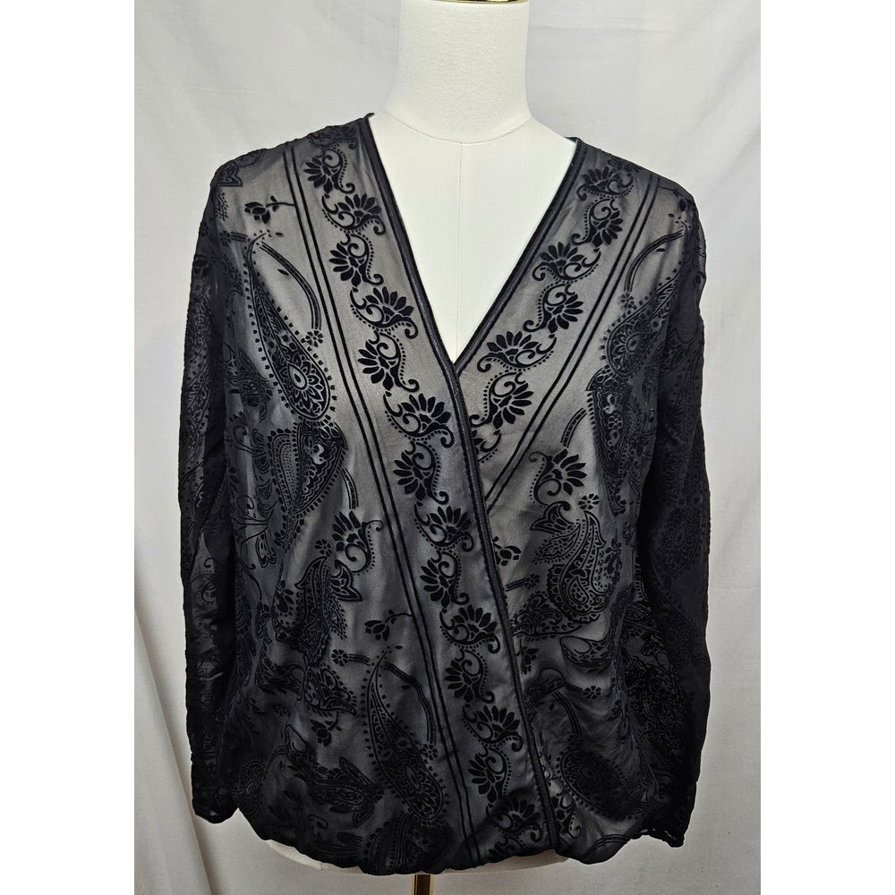 ADIVA Black Velvet Paisley Burnout Sheer Faux Wrap Blouse Womens‎ Medium
